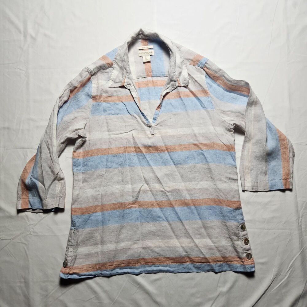 Cynthia Rowley Womens Large Striped Linen Long Sleeve Tunic Blue Orange White